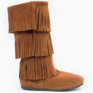 Minnetonka Boho Festival Leather Suede 3 Layer Fringe Moccasin Boots